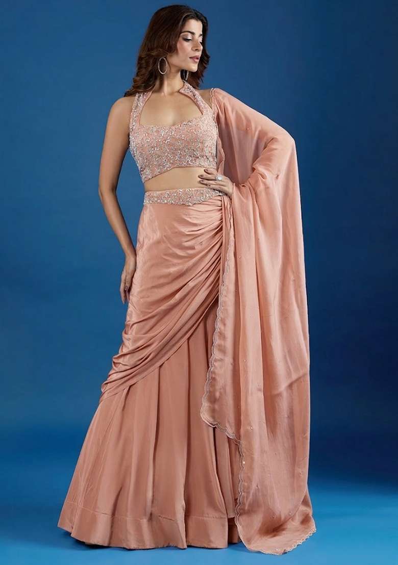  Pink Chinon Embellished Handwork Lehenga Set - Indya