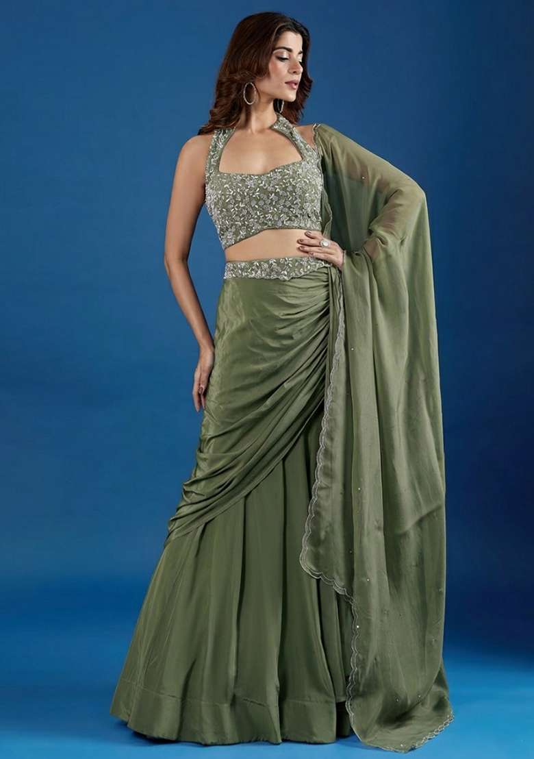 Muted Green Chinon Embellished Handwork Lehenga Set - Indya