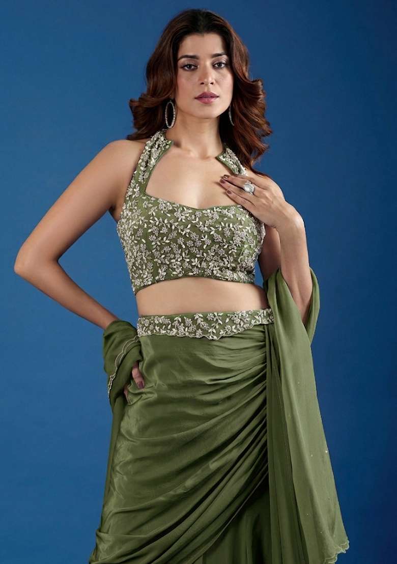 Muted Green Chinon Embellished Handwork Lehenga Set - Indya