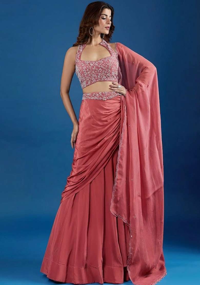 Cayenne Red Chinon Embellished Handwork Lehenga Set - Indya