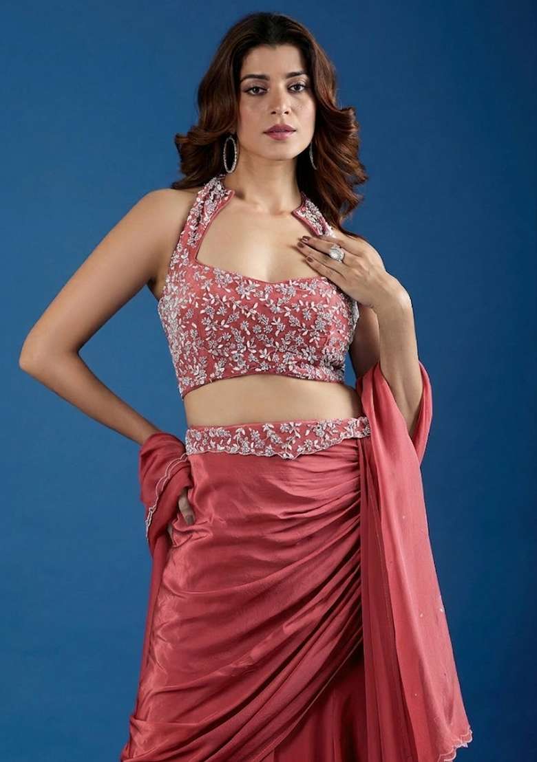 Cayenne Red Chinon Embellished Handwork Lehenga Set - Indya