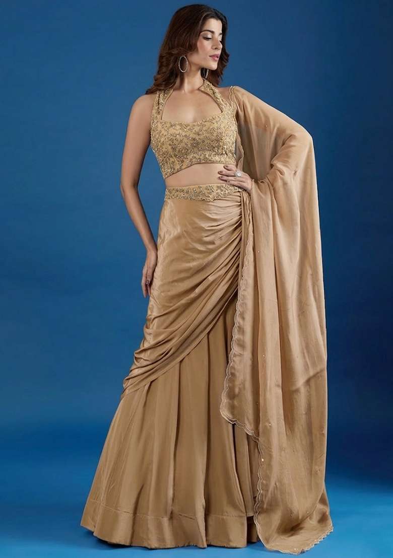 Natural Beige Chinon Embellished Handwork Lehenga Set - Indya