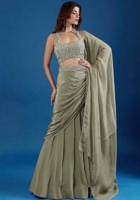 Sage Green Chinon Embellished Handwork Lehenga Set