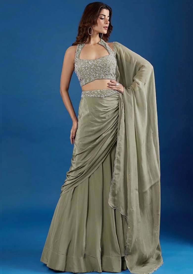 Sage Green Chinon Embellished Handwork Lehenga Set - Indya