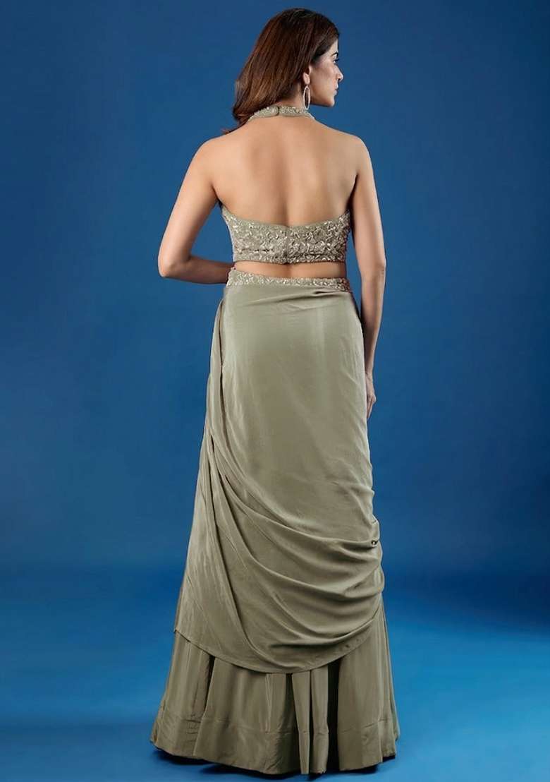 Sage Green Chinon Embellished Handwork Lehenga Set - Indya