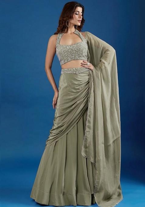 Sage Green Chinon Embellished Handwork Lehenga Set