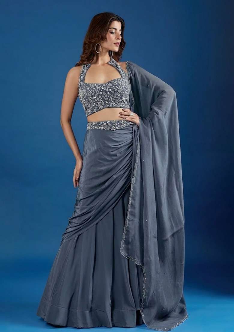 Dark Grey Chinon Embellished Handwork Lehenga Set - Indya