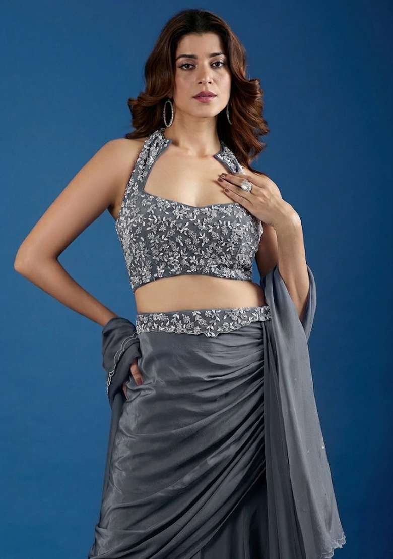 Dark Grey Chinon Embellished Handwork Lehenga Set - Indya