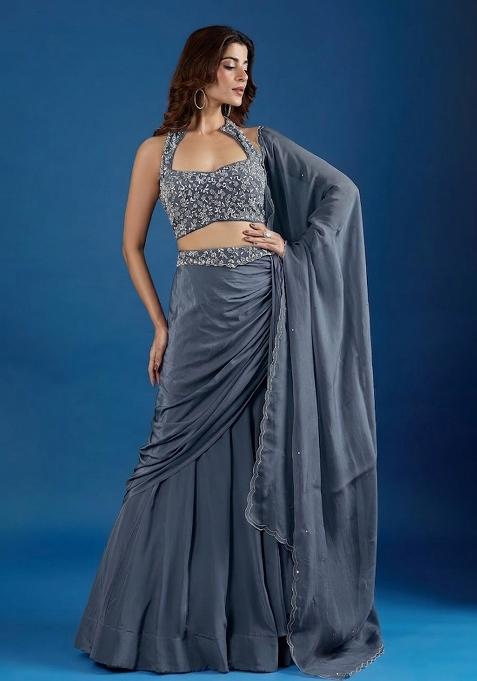 Dark Grey Chinon Embellished Handwork Lehenga Set