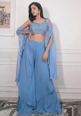 Steel Blue Crepe Embroidered Handwork Fusion Set