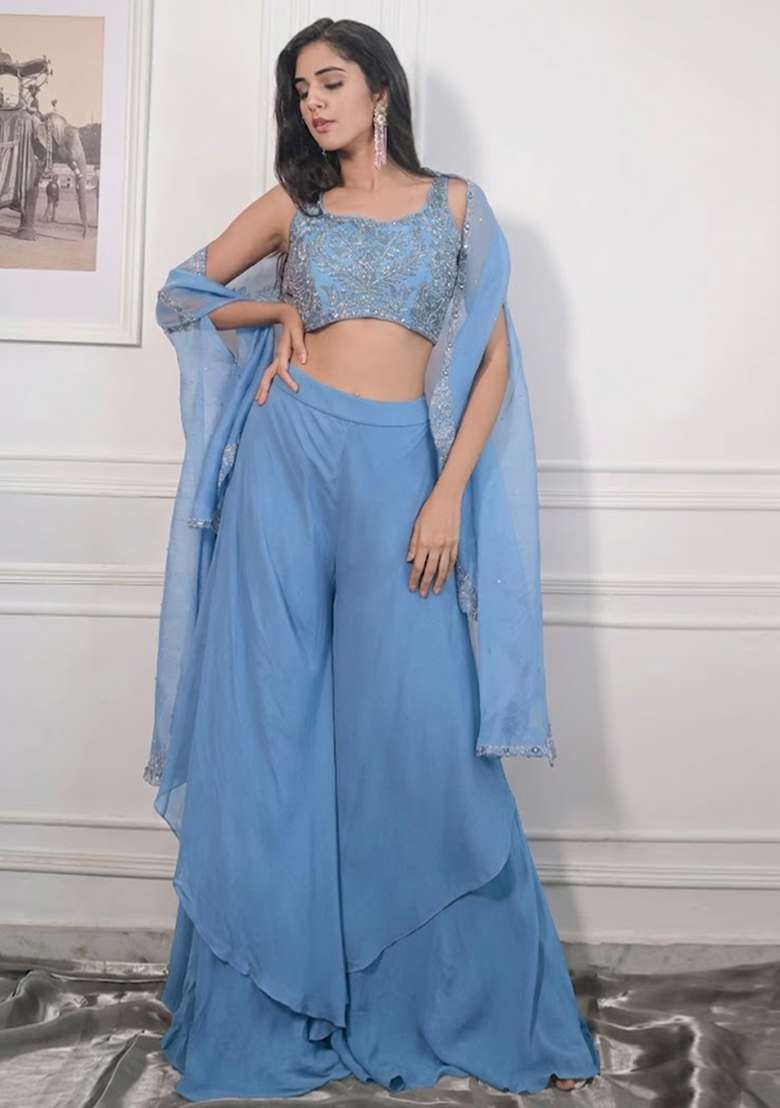 Steel Blue Crepe Embroidered Handwork Fusion Set - Indya