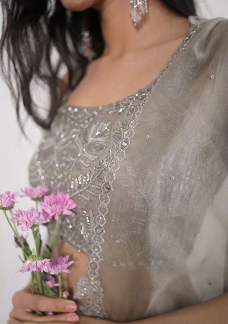 Grey Crepe Embroidered Handwork Fusion Set - Indya