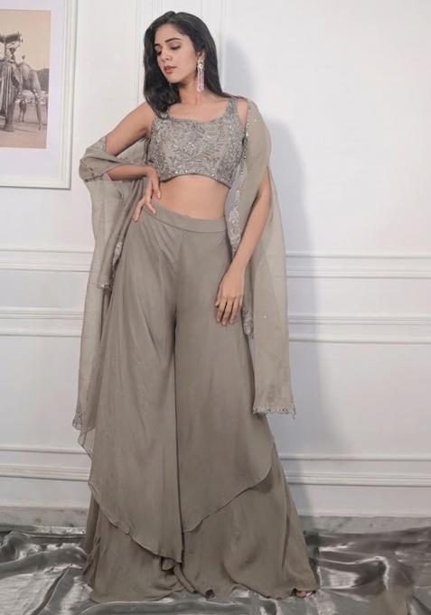 Grey Crepe Embroidered Handwork Fusion Set