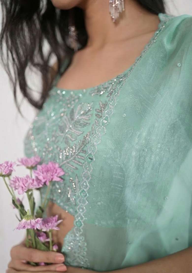 Mint Crepe Embroidered Handwork Fusion Set - Indya