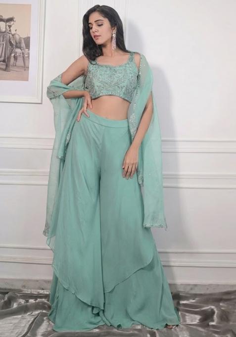 Mint Crepe Embroidered Handwork Fusion Set