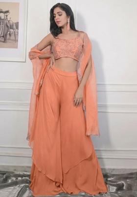 Peach Crepe Embroidered Handwork Fusion Set
