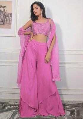 Pink Crepe Embroidered Handwork Fusion Set