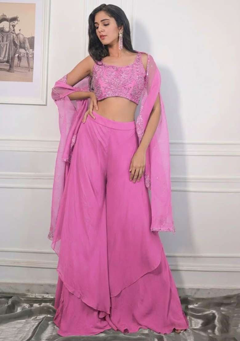 Pink Crepe Embroidered Handwork Fusion Set - Indya