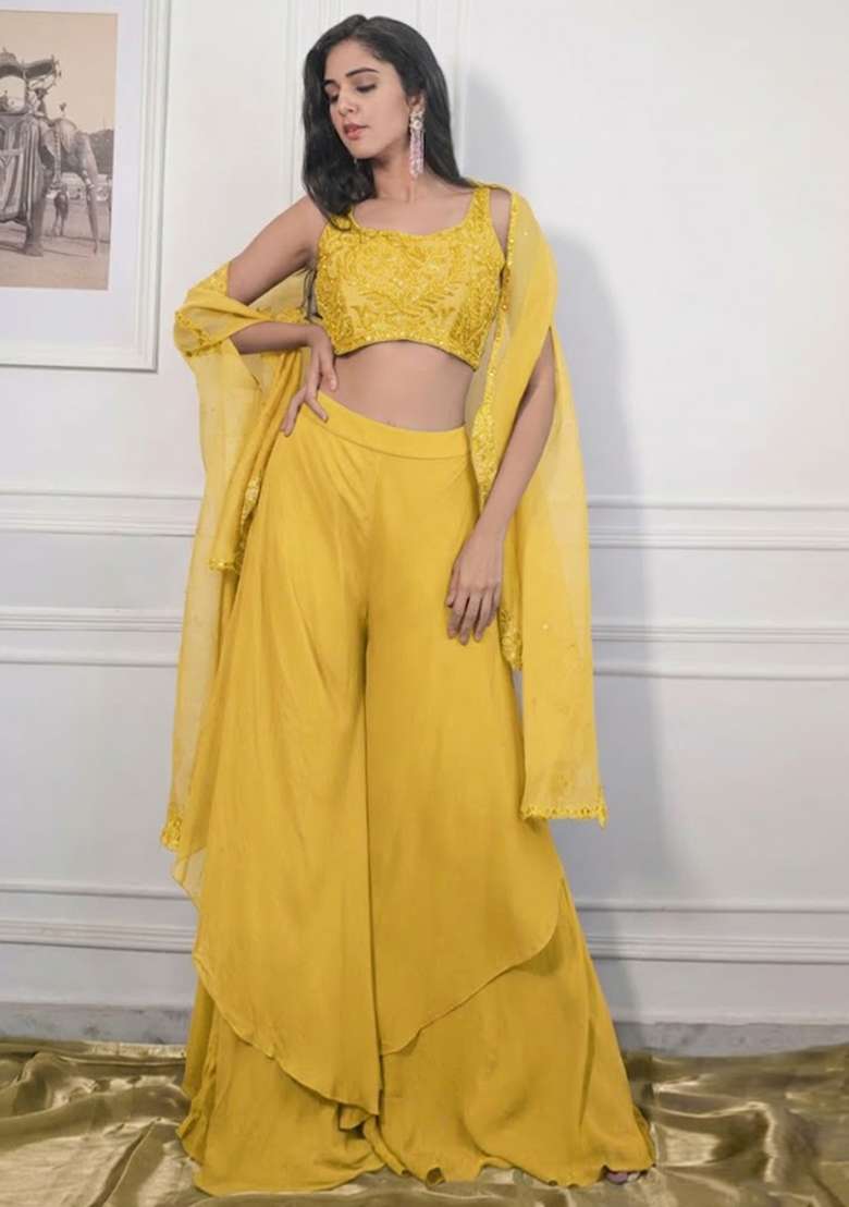 Yellow Crepe Embroidered Handwork Fusion Set - Indya