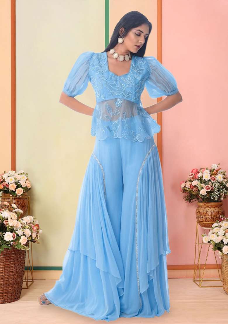 Sky Blue Organza Embroidered Handwork Fusion Set - Indya