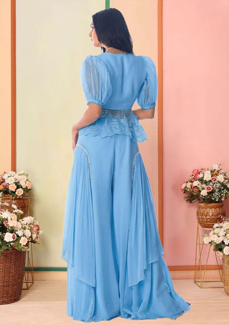 Sky Blue Organza Embroidered Handwork Fusion Set - Indya