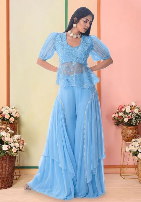 Sky Blue Organza Embroidered Handwork Fusion Set