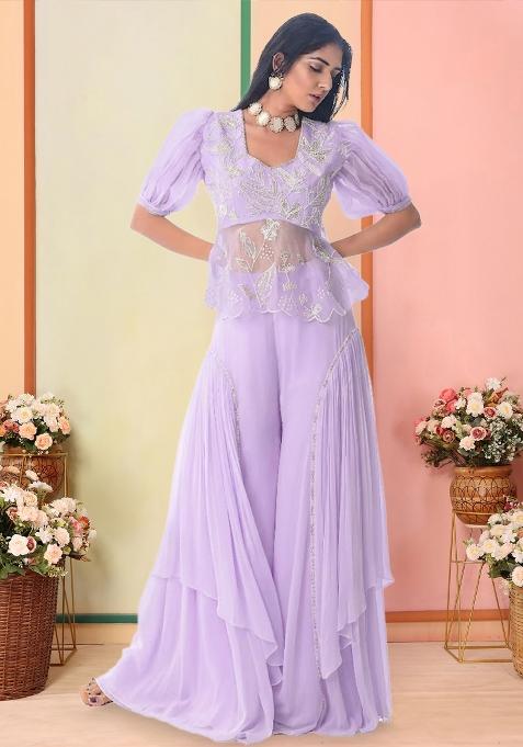 Lavender Organza Embroidered Handwork Fusion Set