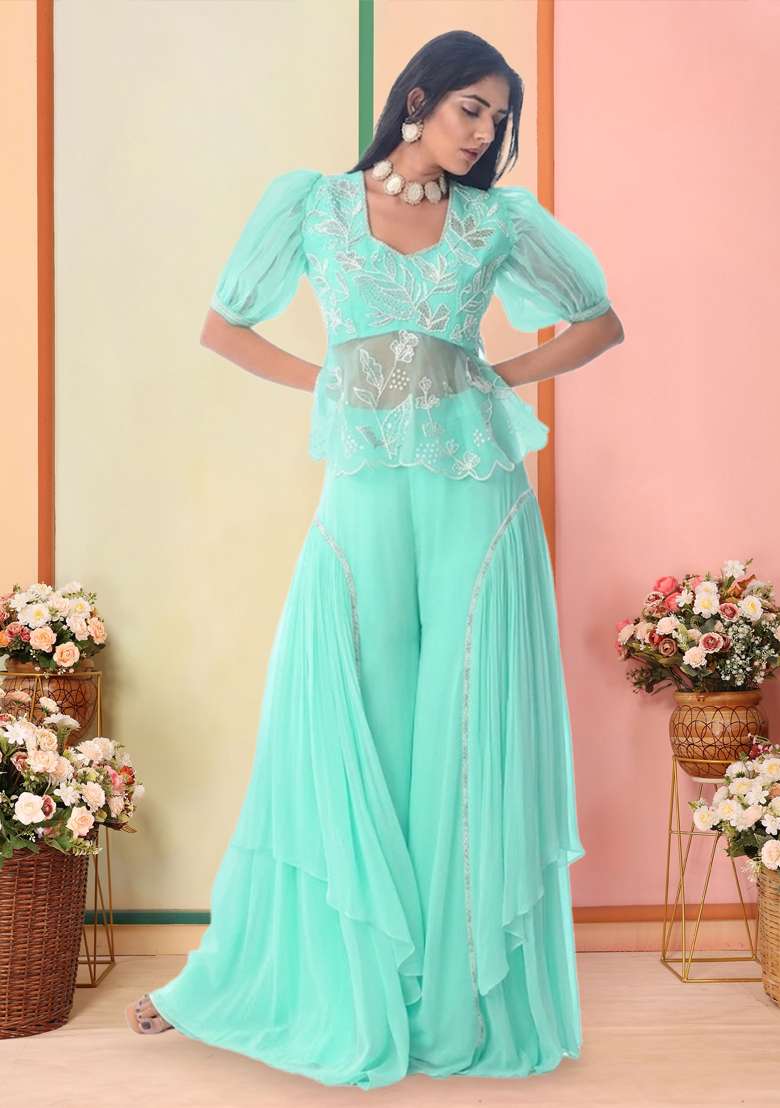 Mint Organza Embroidered Handwork Fusion Set - Indya