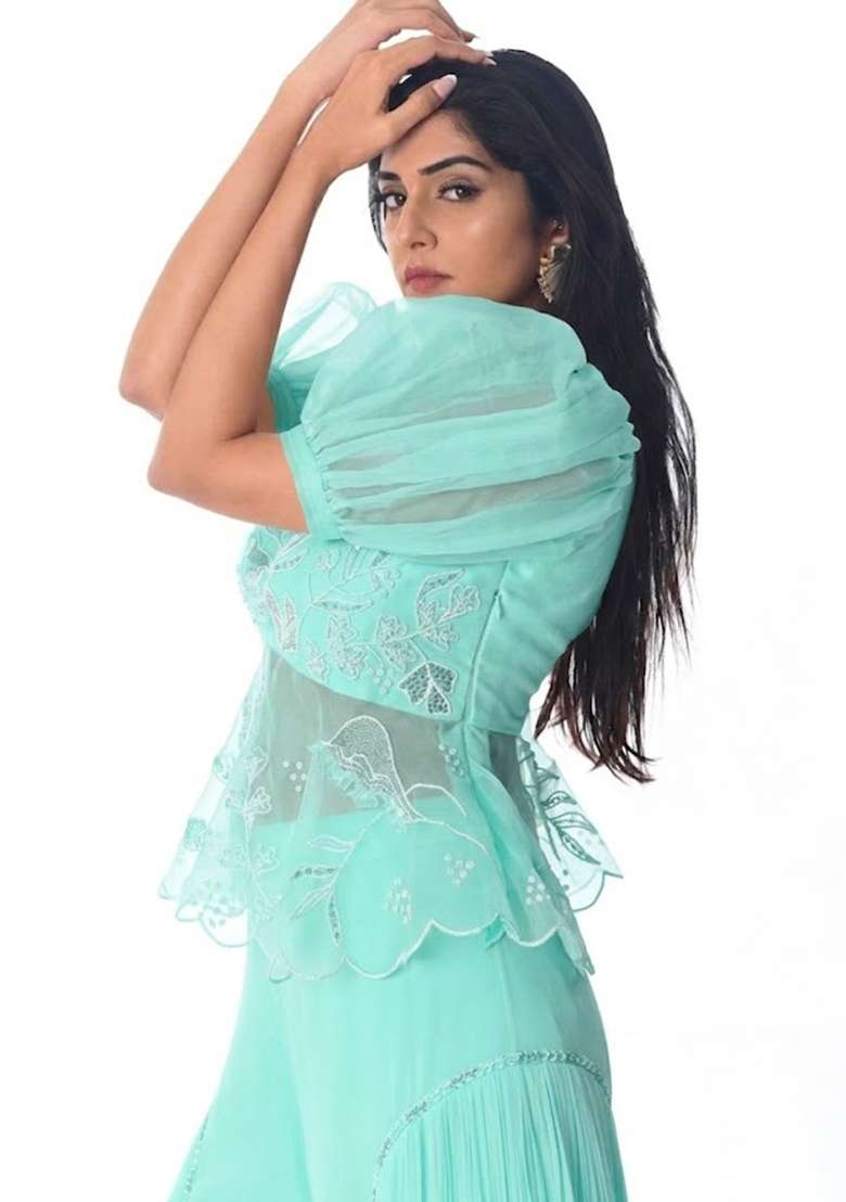 Mint Organza Embroidered Handwork Fusion Set - Indya