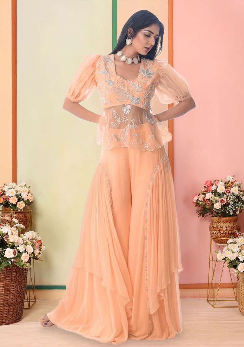 Peach Organza Embroidered Handwork Fusion Set - Indya