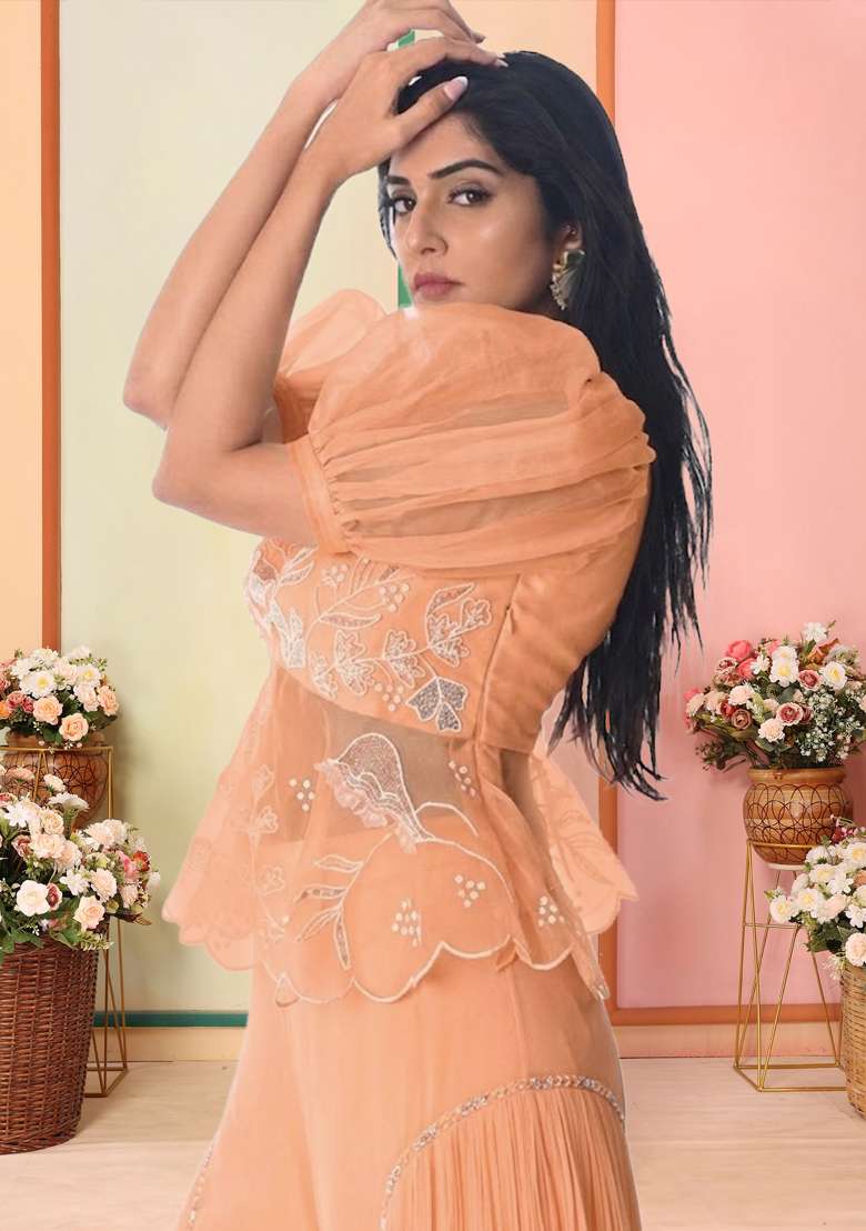 Peach Organza Embroidered Handwork Fusion Set - Indya