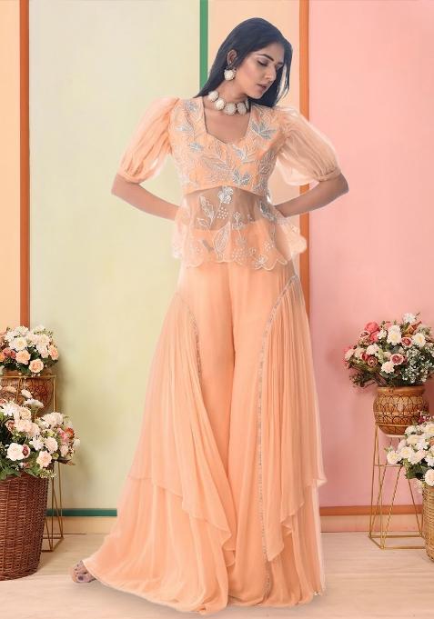 Peach Organza Embroidered Handwork Fusion Set