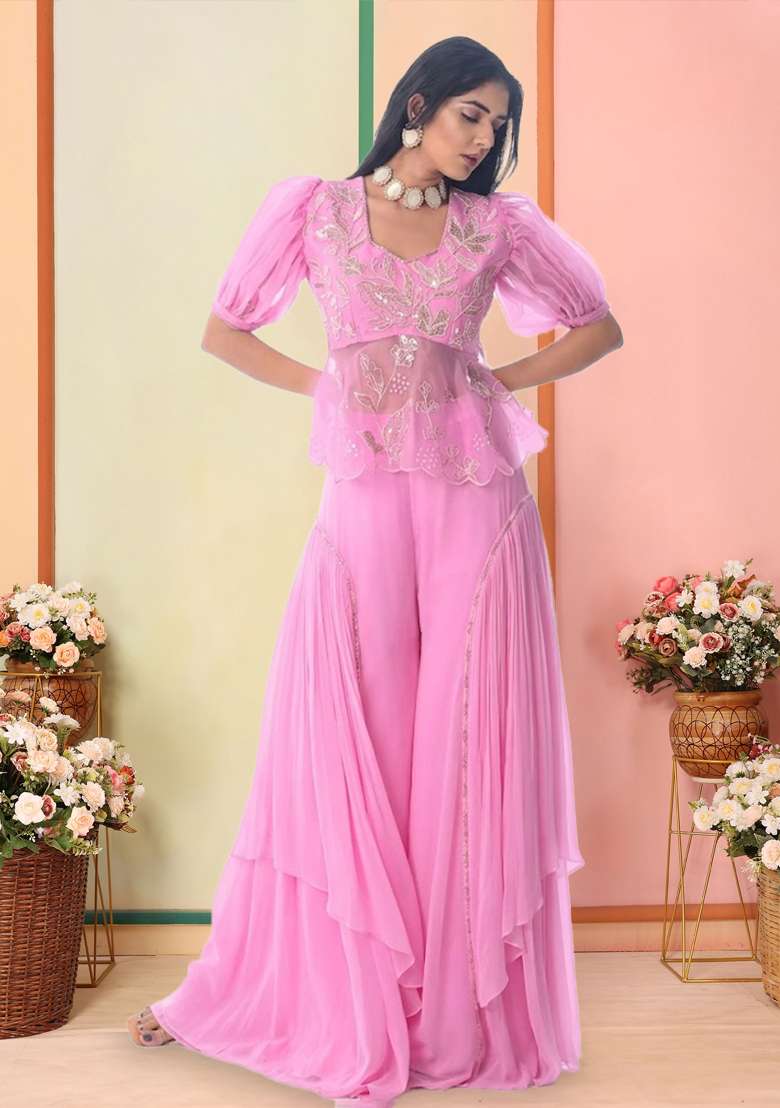Pink Organza Embroidered Handwork Fusion Set - Indya