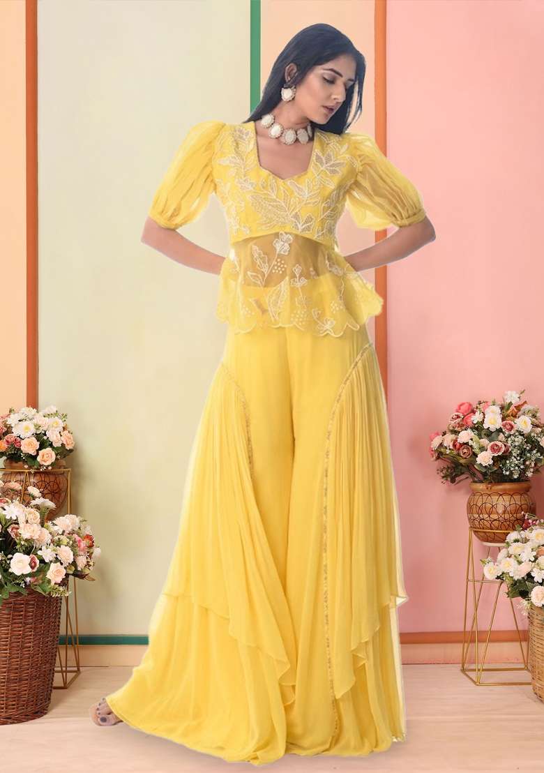 Yellow Organza Embroidered Handwork Fusion Set - Indya