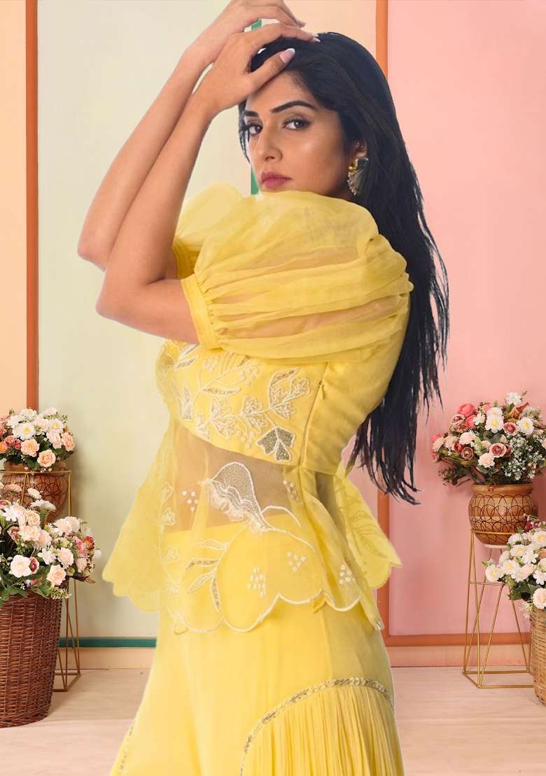 Yellow Organza Embroidered Handwork Fusion Set - Indya