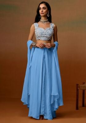 Sky Blue Crepe Embroidered Handwork Fusion Set
