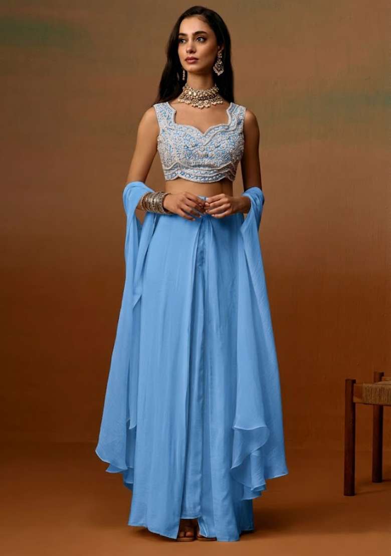 Sky Blue Crepe Embroidered Handwork Fusion Set - Indya