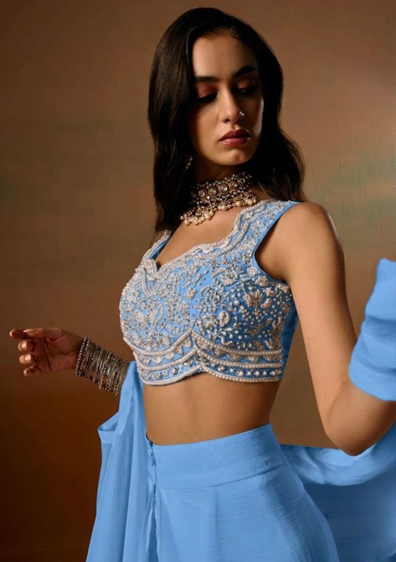 Sky Blue Crepe Embroidered Handwork Fusion Set - Indya