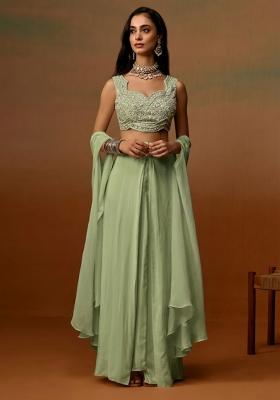 Green Crepe Embroidered Handwork Fusion Set