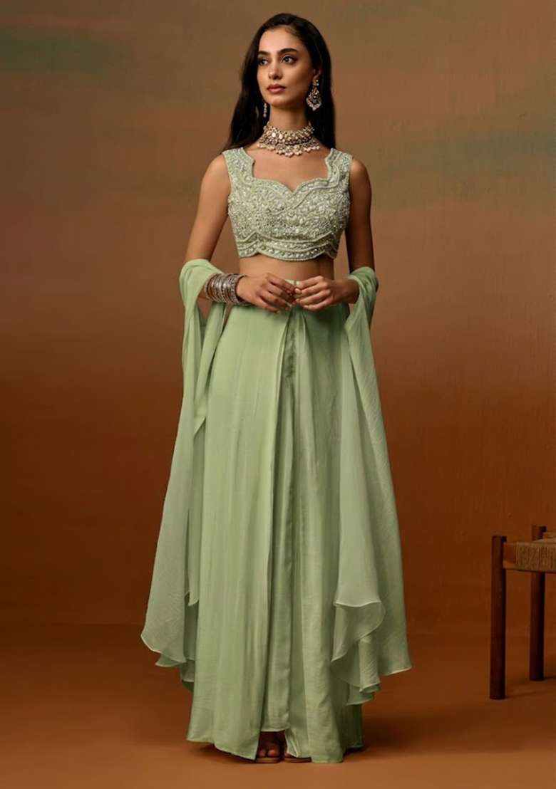 Green Crepe Embroidered Handwork Fusion Set - Indya