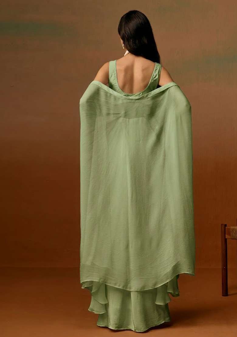 Green Crepe Embroidered Handwork Fusion Set - Indya