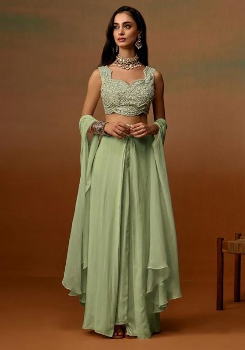 Green Crepe Embroidered Handwork Fusion Set