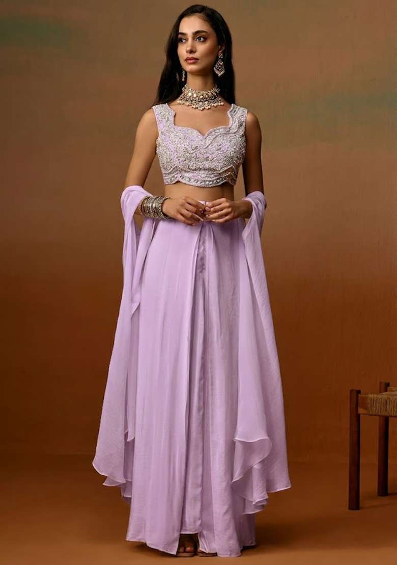 Lavender Crepe Embroidered Handwork Fusion Set - Indya