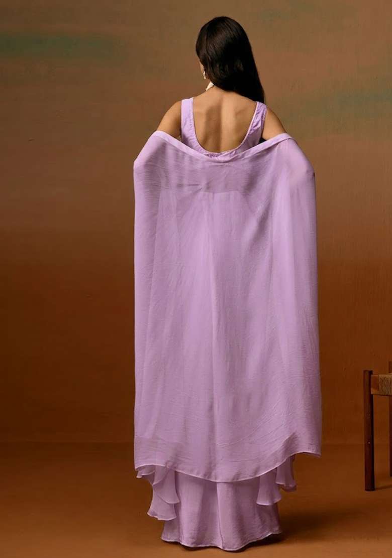 Lavender Crepe Embroidered Handwork Fusion Set - Indya