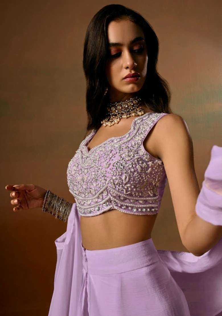 Lavender Crepe Embroidered Handwork Fusion Set - Indya
