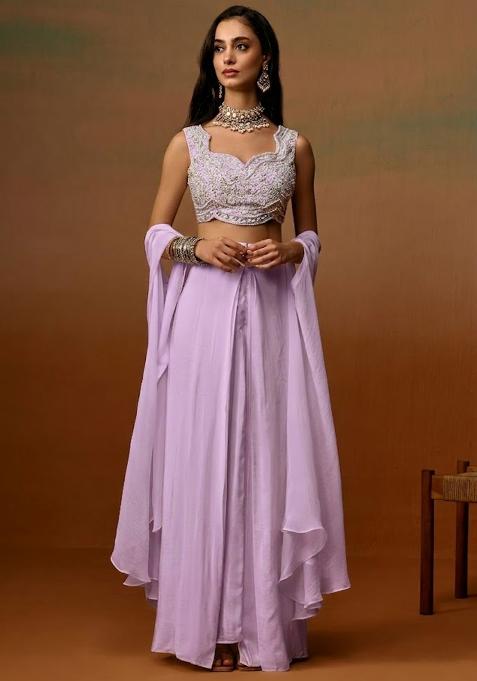 Lavender Crepe Embroidered Handwork Fusion Set