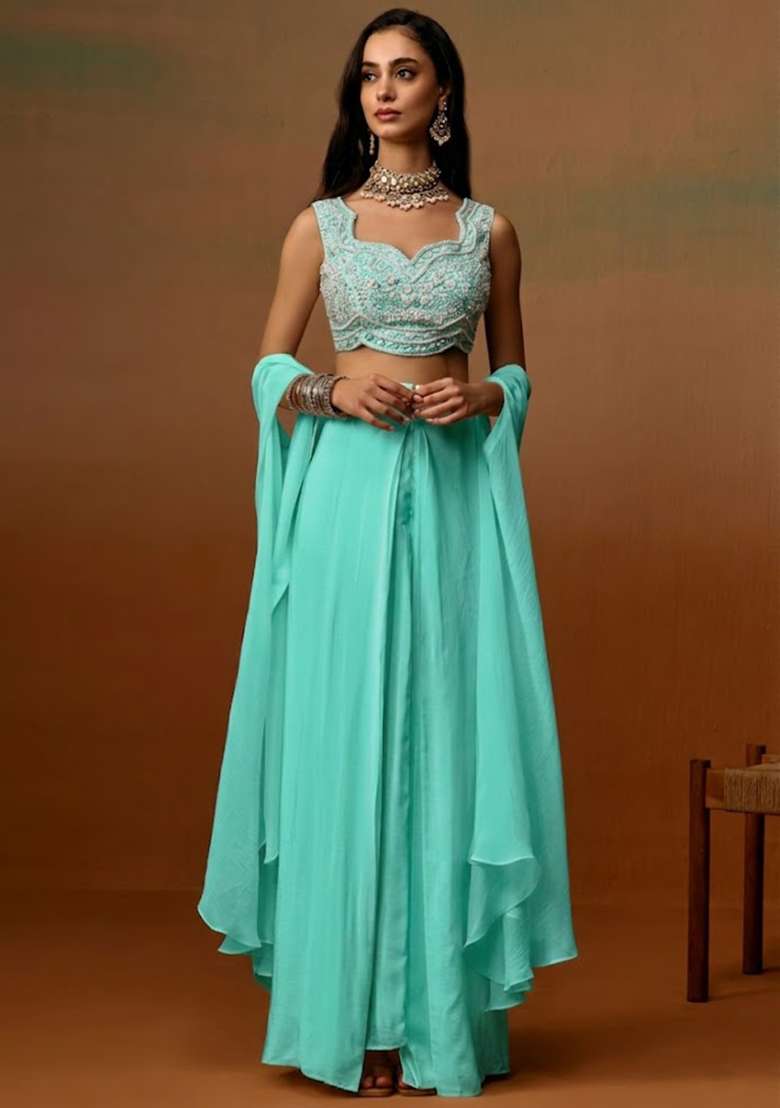 Mint Crepe Embroidered Handwork Fusion Set - Indya