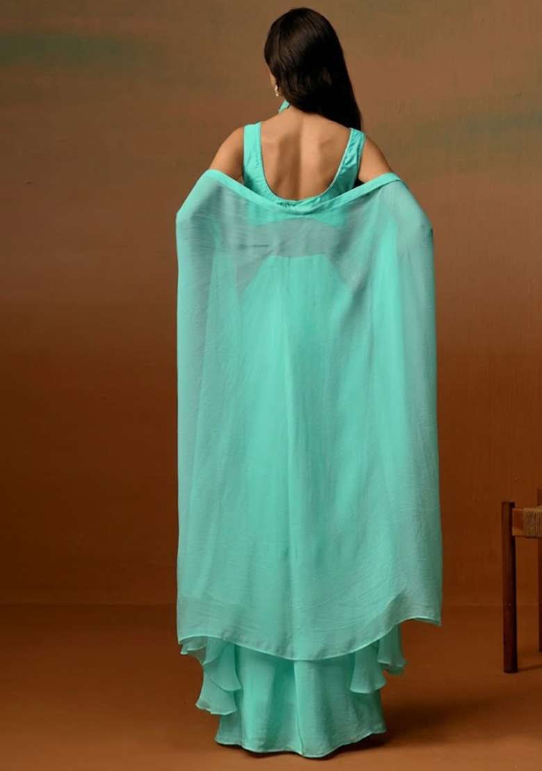Mint Crepe Embroidered Handwork Fusion Set - Indya