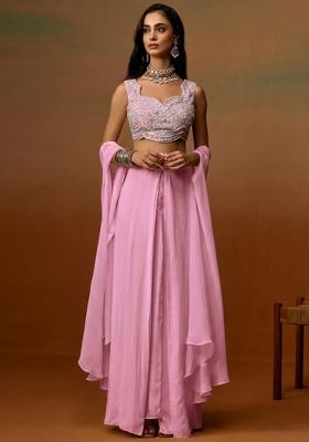 Pink Crepe Embroidered Handwork Fusion Set