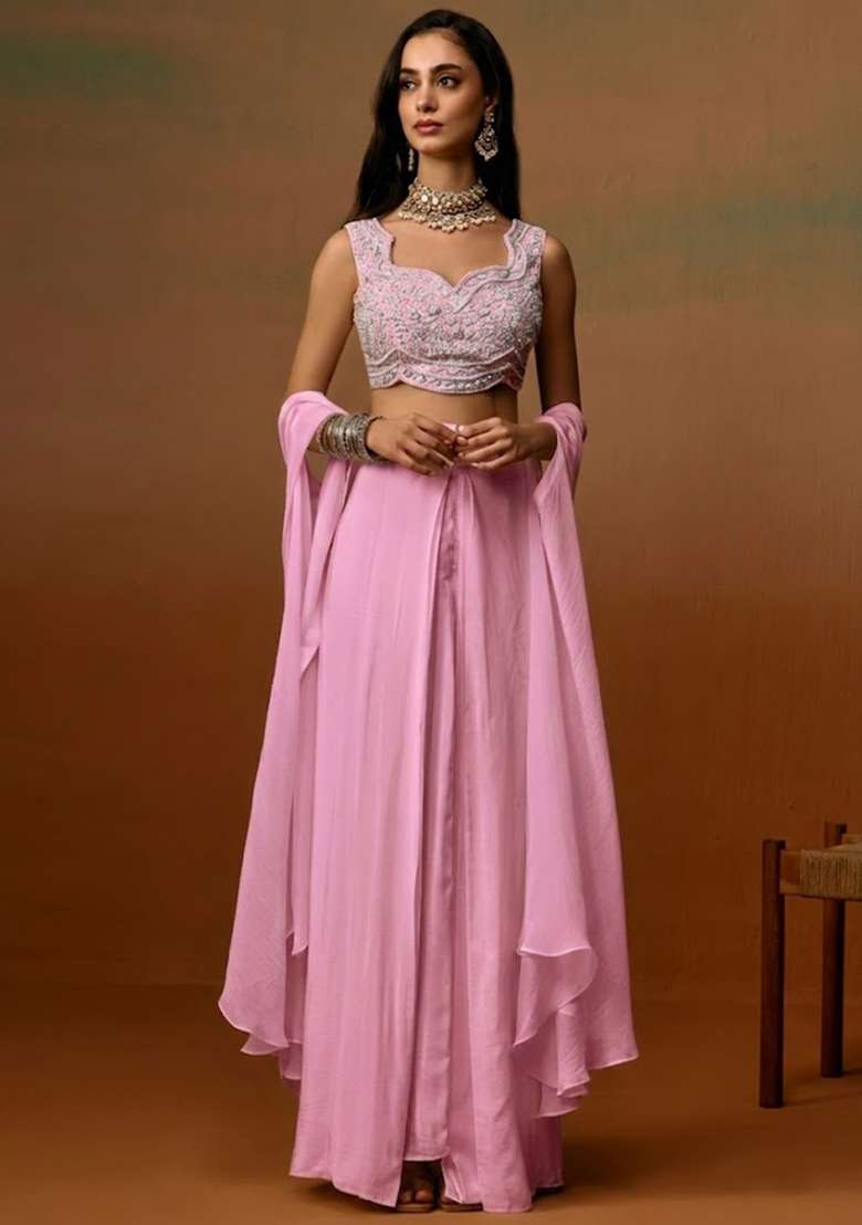 Pink Crepe Embroidered Handwork Fusion Set - Indya